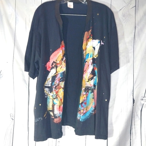 Hand Crafted Tops - Abstract Art 100% Cotton Boho Artsy Hand Painted In Greece Size L Open Cardigan